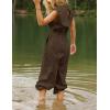 imageFlygo Womens Casual Jumpsuit Crewneck Cap Sleeve Long Wide Leg Pants One Piece Outfits Drawstring Romper with PocketsCoffee