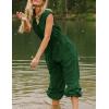imageFlygo Womens Casual Jumpsuit Crewneck Cap Sleeve Long Wide Leg Pants One Piece Outfits Drawstring Romper with PocketsDarkgreen