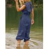 imageFlygo Womens Casual Jumpsuit Crewneck Cap Sleeve Long Wide Leg Pants One Piece Outfits Drawstring Romper with PocketsNavyblue