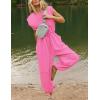 imageFlygo Womens Casual Jumpsuit Crewneck Cap Sleeve Long Wide Leg Pants One Piece Outfits Drawstring Romper with PocketsPink