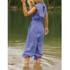 imageFlygo Womens Casual Jumpsuit Crewneck Cap Sleeve Long Wide Leg Pants One Piece Outfits Drawstring Romper with PocketsPurple