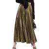 imageFlygo Womens Casual Metallic Shiny Shimmer Pleated Swing Maxi Long SkirtGold