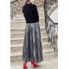 imageFlygo Womens Casual Metallic Shiny Shimmer Pleated Swing Maxi Long SkirtSilver