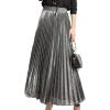 imageFlygo Womens Casual Metallic Shiny Shimmer Pleated Swing Maxi Long SkirtSilver
