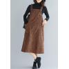 imageFlygo Womens Casual Mid Length Long Corduroy Jumpers Button Down Swing Overall Pinafore Dress SkirtCoffee