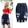 imageFlygo Womens Distressed Knee Length Denim Pencil Skirts Middle SlitBlue