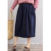 imageFlygo Womens Elastic High Waist Cotton Linen Distressed Vintage Midi SkirtNavy Blue