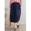 imageFlygo Womens Elastic High Waist Cotton Linen Distressed Vintage Midi SkirtNavy Blue