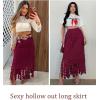 imageFlygo Womens Maxi Skirt 2025 Summer Boho Hollow Out Fringe Hem High Waisted Lace Long Skirts for Party Wedding BeachBurgundy