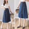 imageFlygo Womens Vintage High Waist Button Front Fray A Line Midi Denim Jean SkirtBlue