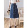 imageFlygo Womens Vintage High Waist Button Front Fray A Line Midi Denim Jean SkirtBlue