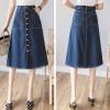 imageFlygo Womens Vintage High Waist Button Front Fray A Line Midi Denim Jean SkirtBlue