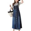 imageFlygo Womens Button Front Midi Long Denim Jean Jumpers Overall Pinafore Dress SkirtBlue
