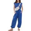 imageFlygo Womens Casual Jumpsuit Crewneck Cap Sleeve Long Wide Leg Pants One Piece Outfits Drawstring Romper with PocketsBlue