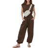 imageFlygo Womens Casual Jumpsuit Crewneck Cap Sleeve Long Wide Leg Pants One Piece Outfits Drawstring Romper with PocketsCoffee