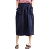 imageFlygo Womens Elastic High Waist Cotton Linen Distressed Vintage Midi SkirtNavy Blue