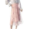 imageFlygo Womens Elastic High Waisted Layered Mesh Tulle Party Long SkirtPink