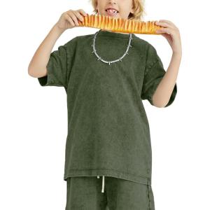 imageFlygo Boys Girls Cotton TShirts Kids Acid Wash Tshirt Summer Unisex Casual Short Sleeve Loose Basic Tee TopArmy Green
