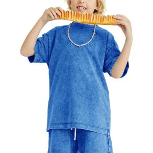 imageFlygo Boys Girls Cotton TShirts Kids Acid Wash Tshirt Summer Unisex Casual Short Sleeve Loose Basic Tee TopBlue