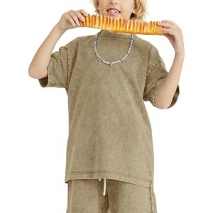 imageFlygo Boys Girls Cotton TShirts Kids Acid Wash Tshirt Summer Unisex Casual Short Sleeve Loose Basic Tee TopKhaki