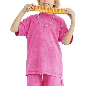 imageFlygo Boys Girls Cotton TShirts Kids Acid Wash Tshirt Summer Unisex Casual Short Sleeve Loose Basic Tee TopRose