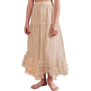 imageFlygo Girls Tulle Skirt ALine Long Ruffle Tiered Mesh Tutu Skirt Maxi High Elastic Waist Pleated Layered SkirtsChampagne