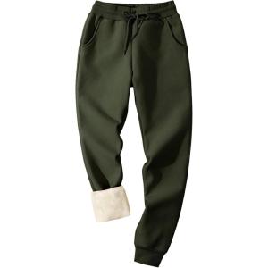 imageFlygo Mens Fleece Lined Sherpa Sweatpants Winter Warm Pants Jogger Lounge Athletic Pant with Pockets2 Army Green Ribbed Bottom