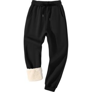 imageFlygo Mens Fleece Lined Sherpa Sweatpants Winter Warm Pants Jogger Lounge Athletic Pant with Pockets2 Black Ribbed Bottom