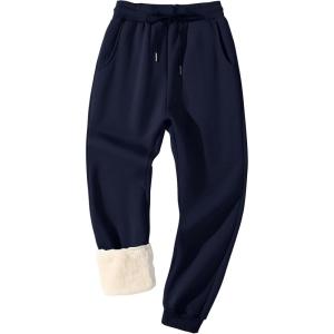 imageFlygo Mens Fleece Lined Sherpa Sweatpants Winter Warm Pants Jogger Lounge Athletic Pant with Pockets2 Blue Ribbed Bottom