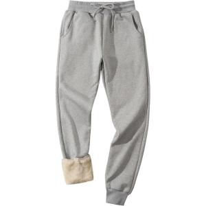 imageFlygo Mens Fleece Lined Sherpa Sweatpants Winter Warm Pants Jogger Lounge Athletic Pant with Pockets2 Light Grey Ribbed Bottom