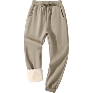 imageFlygo Mens Fleece Lined Sherpa Sweatpants Winter Warm Pants Jogger Lounge Athletic Pant with Pockets2a Khakiribbed Bottom