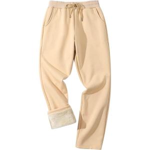 imageFlygo Mens Fleece Lined Sherpa Sweatpants Winter Warm Pants Jogger Lounge Athletic Pant with PocketsKhaki Open Bottom