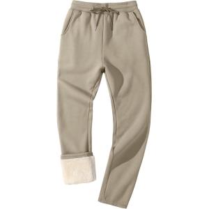 imageFlygo Mens Fleece Lined Sherpa Sweatpants Winter Warm Pants Jogger Lounge Athletic Pant with PocketsNew Khakiopen Bottom