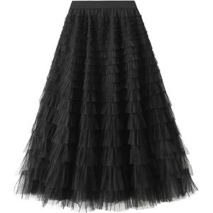 imageFlygo Tulle Skirts for Girls Long Tutu Skirt A Line Layered Ruffle Tiered Mesh Maxi Skirt Petticoat 514 YearsBlack