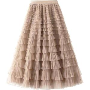 imageFlygo Tulle Skirts for Girls Long Tutu Skirt A Line Layered Ruffle Tiered Mesh Maxi Skirt Petticoat 514 YearsChampagne