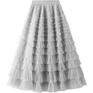 imageFlygo Tulle Skirts for Girls Long Tutu Skirt A Line Layered Ruffle Tiered Mesh Maxi Skirt Petticoat 514 YearsGrey