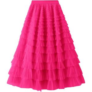 imageFlygo Tulle Skirts for Girls Long Tutu Skirt A Line Layered Ruffle Tiered Mesh Maxi Skirt Petticoat 514 YearsHotpink
