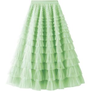 imageFlygo Tulle Skirts for Girls Long Tutu Skirt A Line Layered Ruffle Tiered Mesh Maxi Skirt Petticoat 514 YearsLight Green