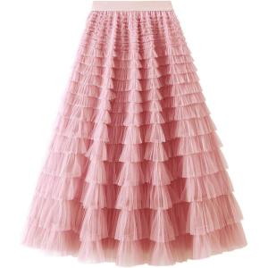 imageFlygo Tulle Skirts for Girls Long Tutu Skirt A Line Layered Ruffle Tiered Mesh Maxi Skirt Petticoat 514 YearsPink