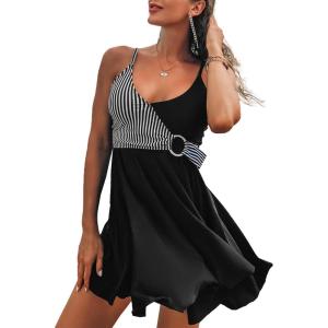 imageFlygo Womens 2 Piece Swimsuits Tankini Tummy Control Athletic QuickDry Swimdress Printed Split Skirt Padded SwimwearStripe Black