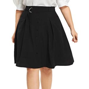 imageFlygo Womens ALine High Waisted Button Front Belted Pleated Skater Skirts Midi Knee Length SkirtBlack