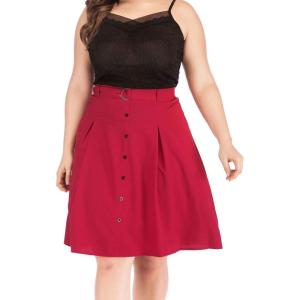 imageFlygo Womens ALine High Waisted Button Front Belted Pleated Skater Skirts Midi Knee Length SkirtRed