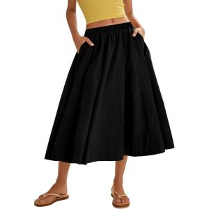 imageFlygo Womens ALine Midi Skirt Flowy Pleated High Elastic Waist Casual Swing Cotton Long Skirt with PocketBlack