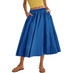 imageFlygo Womens ALine Midi Skirt Flowy Pleated High Elastic Waist Casual Swing Cotton Long Skirt with PocketBlue