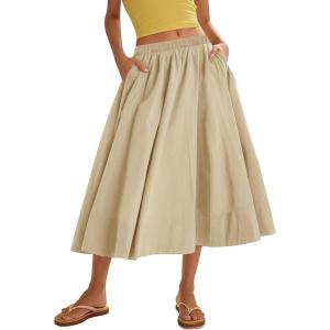 imageFlygo Womens ALine Midi Skirt Flowy Pleated High Elastic Waist Casual Swing Cotton Long Skirt with PocketKhaki