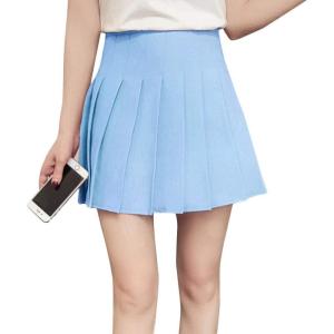 imageFlygo Womens Casual Elastic High Waist Pleated Slim Mini Aline SkirtBlue