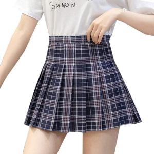 imageFlygo Womens Casual Elastic High Waist Pleated Slim Mini Aline SkirtBlue Check