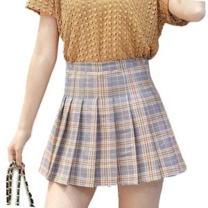 imageFlygo Womens Casual Elastic High Waist Pleated Slim Mini Aline SkirtGray Check