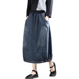 imageFlygo Womens Casual Elastic Waist Midi Long Denim Skirt with Pockets Dark Blue