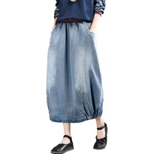 imageFlygo Womens Casual Elastic Waist Midi Long Denim Skirt with Pockets Light Blue